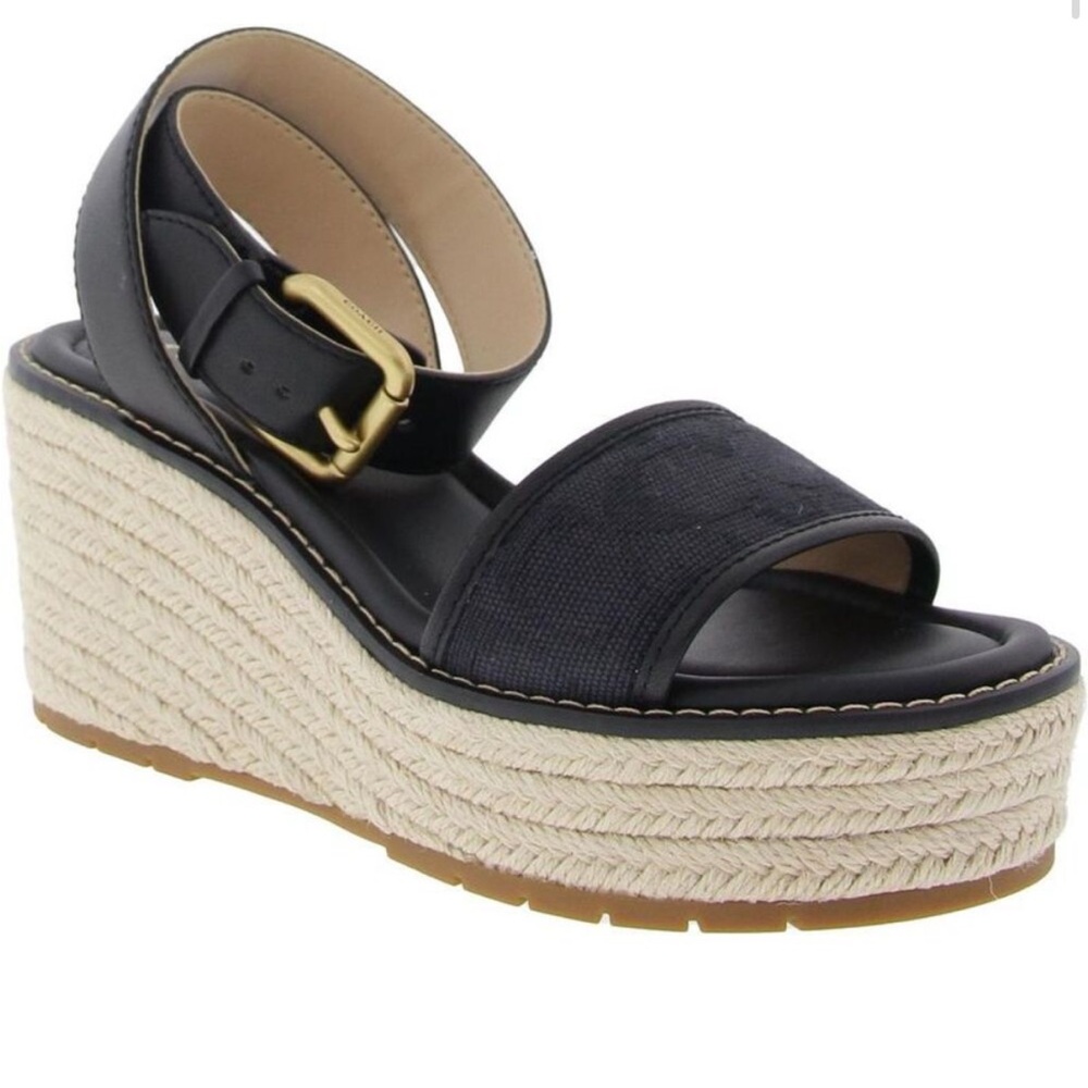 Coach Black Wedge Sandals with Gold Buckle